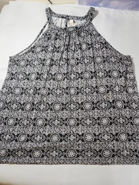 LOFT Black and White Halter Neck Tank with Geometric Medallion Print